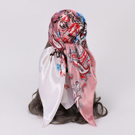 (Rosa+Beige) Cashew Printing Matchande Färg Stor Kvadratisk Scarf Kvinnor Turban Stor Sjal Imitation Silke Scarf