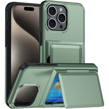 Kotelo iPhone 13Pro 6.1:lle, armeijanvihreä korttipaikka, kaksi yhdessä -läppälompakko, putoamissuoja