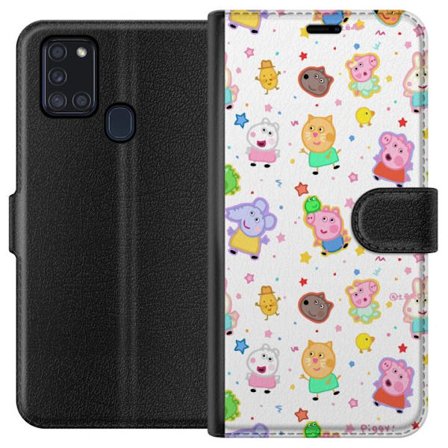 Kompatibelt Lommeboketui til Samsung Galaxy A21s Fargerike tegneserie dyrekarakterer i en leken stil med stjerner og prikker på en lys bakgrunn