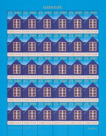 Færøerne - Julemærkeark 1980 - Utakket på øvre marginal, venstre og højre marginal - Ufoldet