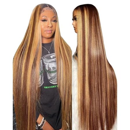 32 tum Ombre Lace Front Peruk Mänskligt Hår 180% Densitet 13x4 Hd Transparent Lace Front Peruker Mänskligt Hår Honungsblond 4/27 Highlight Lace Front