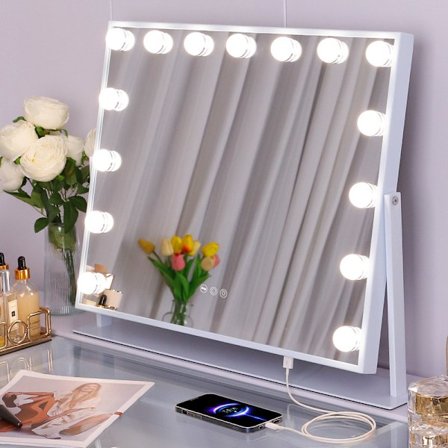 FENCHILIN Hollywood Sminkespeil med Lys 360° Dreibart Bordmodell Speil Hvit 58 x 46cm