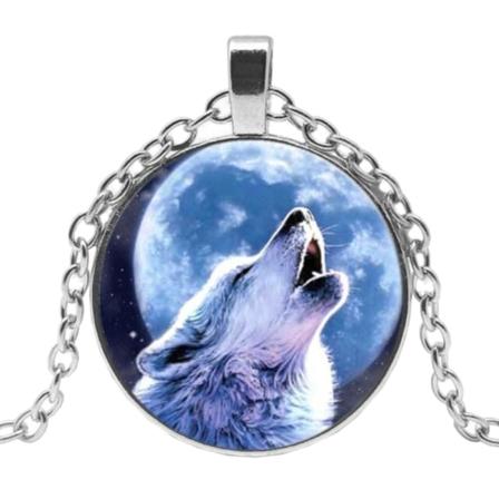 Halssmycke i glas med motiv [K11] - Varg och fullm ne [Silver] Silver