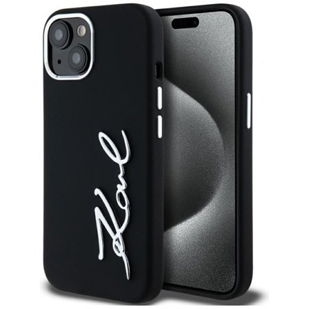 Karl Lagerfeld Silikoni Metal Script Logo iPhone 15 Case - Musta