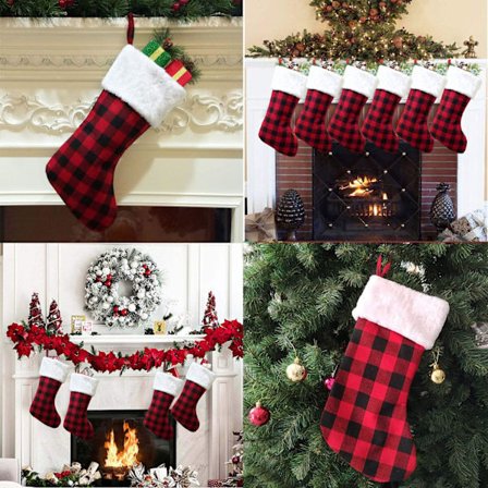 Julestrømper - 41,9 cm rød og svart rutete julestrømpepynt med plysjmudd for familiedekorasjoner (4 stk)