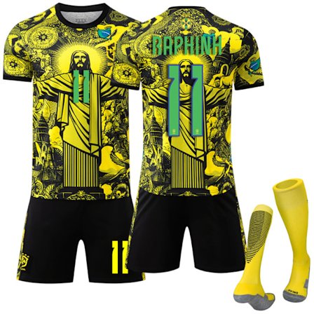 2025-2026 Brasilien Jubileumsutgåva Barn Vuxen Gul Fotbollströja Med Strumpor