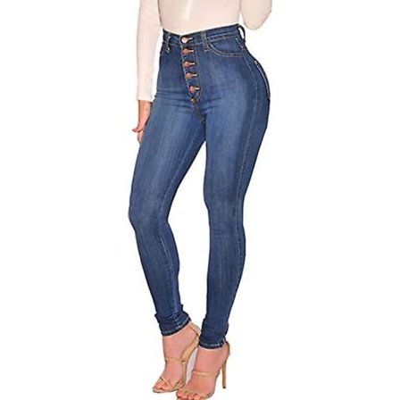 Kvinnors Skinny Fit Jeans Stretch Hög Midja Denim Jeggings Med Ficka(L)