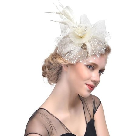 Fascinerende hat til kvinder, damer, bryllup, teselskab, flapperhat, Ascot-væddeløbshat, fjerblomst (beige)
