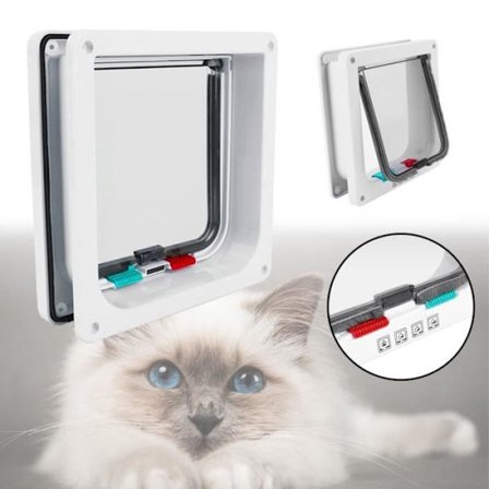 Stor Hvid Kattelem (L) (25cm x 23.5cm) Pet Mate Fire Låsetilstande til Katte/Små Hunde - Nem Installation