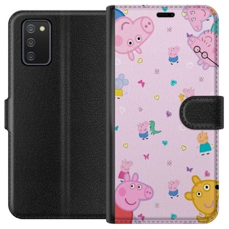 Kompatibel Tegnebogsetui til Samsung Galaxy A02s Peppa Gris med en baby i armene, morgris motiv i farverig og blød børneillustration med hjerter