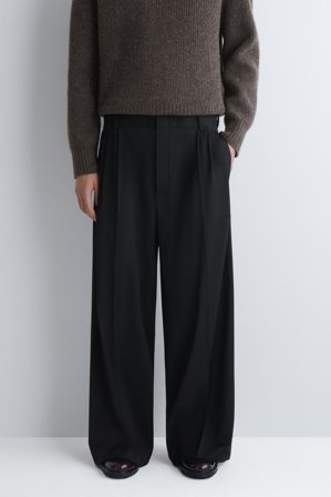 COS Men's Pleated Wool Wide-Leg Trousers in Black