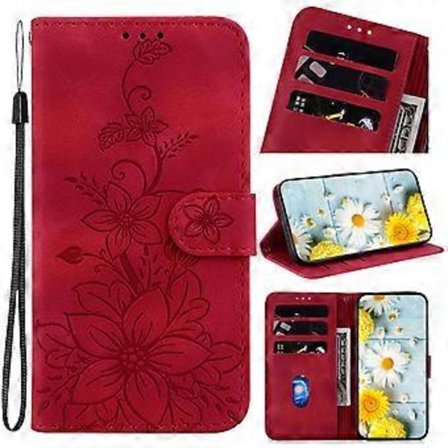 Kompatibel med Samsung Galaxy A12 Præget Lily Wallet Case med Kortholder PU Læder Flip Cover - Rød