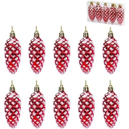 10 stk. hengende julepynt i form av kongler, røde julekuler, hengende kongler til juletre, skinnende og glitrende