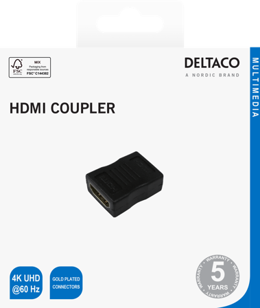 Deltaco HDMI adapter, gold-plated connectors, 4K UHD, black