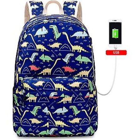 Skolesekk for studenter med tegneserie-dinosaur, reise-ryggsekk, utendørs USB-lading, laptopveske, blå