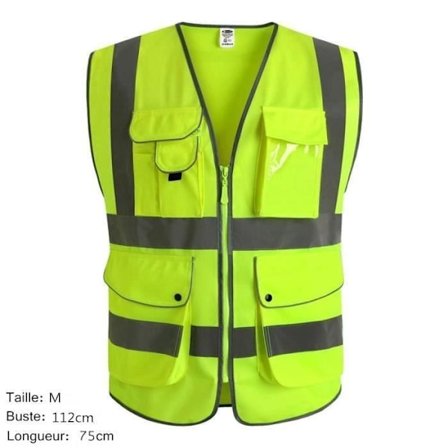 Gul vest, 9 lommer, klasse 2, høj synlighed sikkerhedsvest, front med reflekterende striber - Unisex (M)