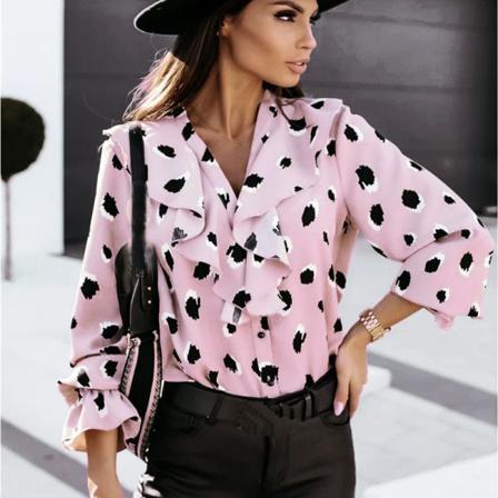 V-hals Volangknappar Långärmad Printed Skjorta Topp Kvinnlig