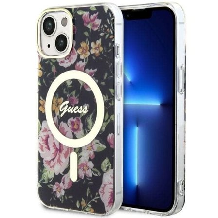 Guess Flower MagSafe-etui for iPhone 14 - svart