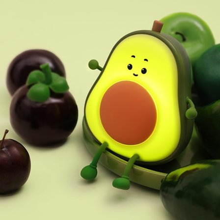 Avocado Natlampe, Sød Frugtlampe til Børn - USB Genopladelig med 3 Lysstyrkeniveauer & Timer, Sengelampe til Børneværelset (Grøn)