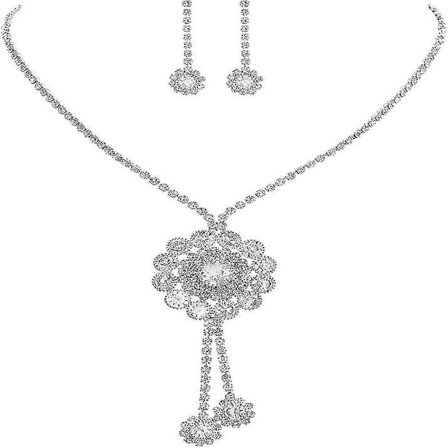 Bröllopssmyckesset med halsband och hängande örhängen i silver och kristall för kvinnor och flickor