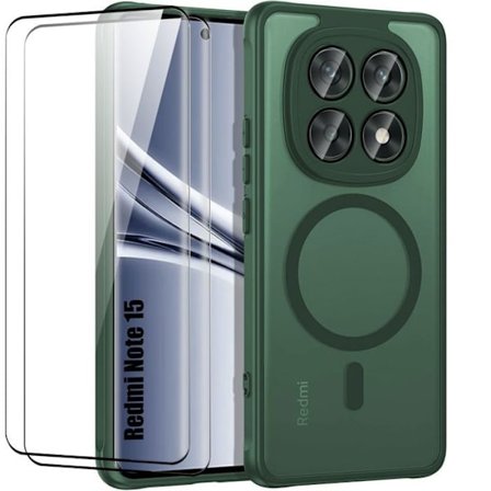 Cover + 2 Våde Glas til Xiaomi Redmi Note 15 5G/4G - med Kamera Beskyttelse - Nat Grøn