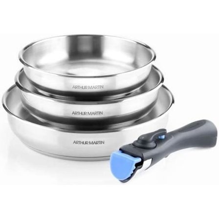 Sæt med 3 stegepander 20-24-26 cm Arthur Martin AM1410 - Rustfrit stål - Aftageligt håndtag - Alle varmekilder inklusive induktion
