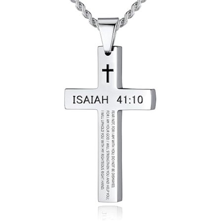 Halskæde med kors i rustfrit stål til mænd - 50-60 cm kantkæde med bibelvers - Sorte/sølvfarvede trosmykker, gave til ham