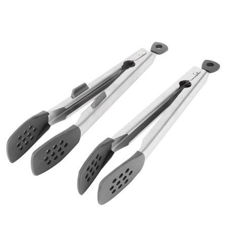 Salattangssæt i rustfrit stål og silikone til grill, sæt med 2, sort