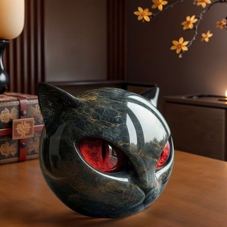 Luksuriøs sort kat sten skulptur, udsmykket sort kat skulptur, sort obsidian killing statue.