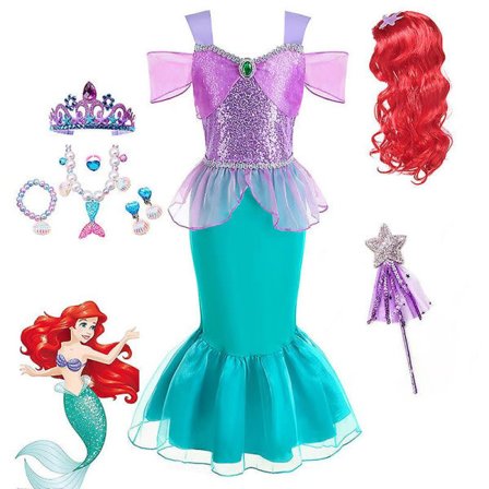 Ariel-mekko Cosplay-asu Halloween Merenneito Prinsessa Hame Ariel Prinsessamekko Kaulakoru Korvakorut Kruunu Ig Taikasauva Tarvikepaketti 130 zdq