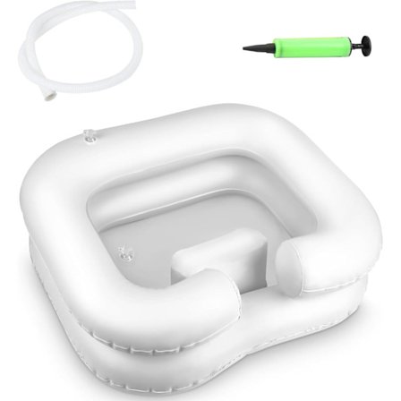 Bærbart oppusteligt hårvaskebassin med hovedpude til ældre og handicappede - Lækagesikkert design, nakkestøtte og afløbsslange, Whi