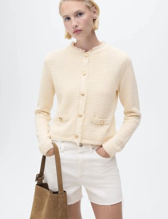 Mango Knitted Cardigan With Frayed Ends - Cream - XS