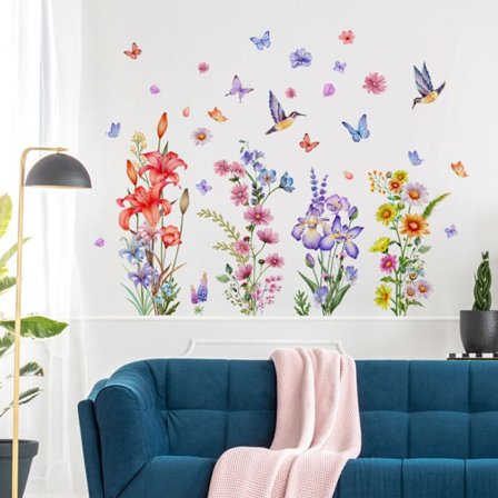 Colorful Flowers Wall Decals Garden Flowers Wall Stickers Plant Butterfly Floral Bird Wall Decal Wall Decor for Living Room Bedroom Office and Home De