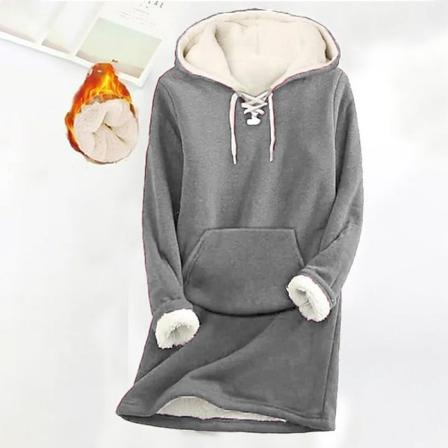 Damer Med Snörning I Fleecefodrad Pocket Hooded Tops Enkel Tröja