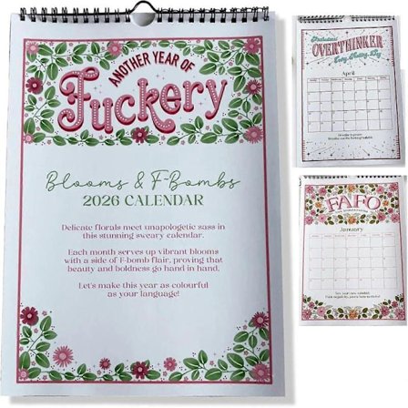 Blooms & F-Bombs 2026 Svær Kalender, Sjov F-ck Blomster Svær Vægkalender 2026 med Frække F-Bomb Citater, 12-Måneders Blomster Kalender, Gag Gaver til
