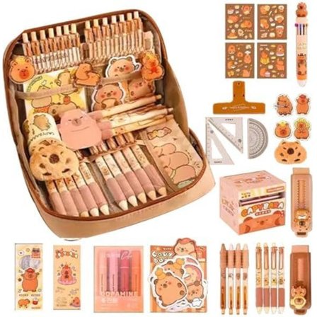 Sæt med Capybara penalhus med gelpenne/klistermærker - Stor kapacitet til skole/børn - -{REN}