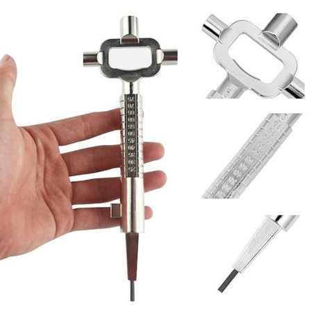 Multifunksjonell firkantet skiftenøkkel i sinklegering med sekskantnøkkel