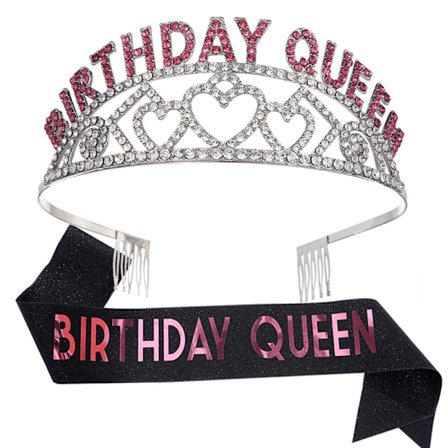 Svart rosa födelsedagskronprinsessa krona och band - Rhinestone födelsedag tiara och band (Flerfärgade bokstäver)