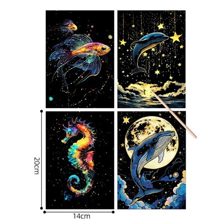 4 st Scratch Art Paper Set - Världslandmärken och djur, Glow in Dark, Stress Relief Craft för barn och vuxna