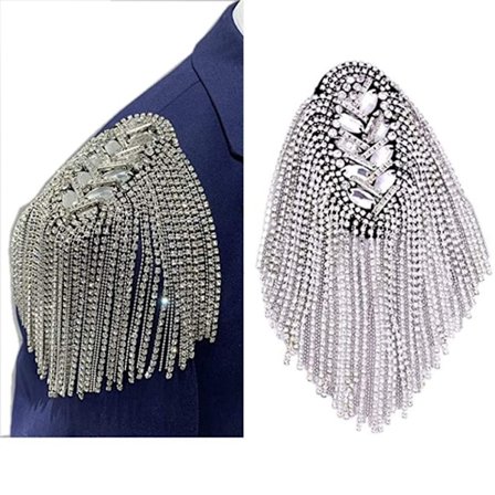 2 st Rhinestone Tassel Axel Epaulet Spike Kedja Axel Badge Brosch Pins för Man Kvinna 56*20CM SILVER