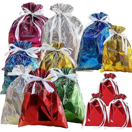 12 kpl:n pakkaus yksivärisiä foliopaperisia lahjakasseja, monipakkaus vetoketjullisia lahjakasseja, 6 värin hohtavia käärepusseja, uudelleenkäytettävä