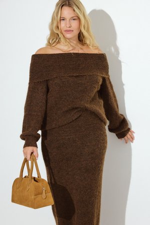NA-KD Stickad maxikjol med vikt midja - Stickade kjolar - Brun - L (EU 42-44)