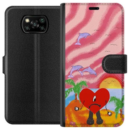 Kompatibelt Lommeboketui til Xiaomi Poco X3 NFC Bad Bunny i en fargerik quiltet jakke med hjertemønster og solbriller i moderne gatestil