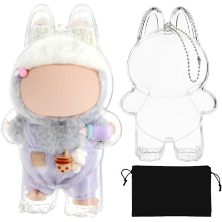 Suojakotelo 17 cm nukeille, läpinäkyvä muovikansi Have a Seat -pehmolelulle avaimenperällä ja flanellipussilla (ei nukkea)