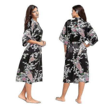 Dam Kimono-badrock i Satin med Blommönster - Bröllop, Nattkläder