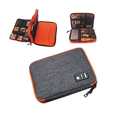 Vattentät iPad-organiserare med USB-datakabel, hörlurar, penna, powerbank och reseväska