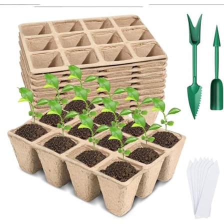 Aloitussarja 240/120-soluiselle kylvölle 12-soluisilla turveruukuilla, 10/20 alustalla, istutustyökaluilla, etiketeillä ja biohajoavilla tulpilla.