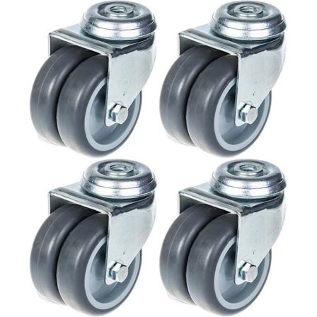 Pyörät - 75 mm - Harmaa kumit - 4 kappaleen pakkaus - Kääntyvät reikäkiinnityksellä