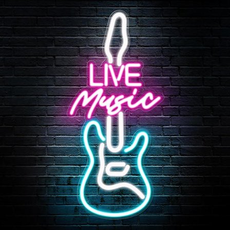 Live Music neonskilt til vægdekoration, LED guitarformet skilt til musikstudie, bar, soveværelse, fest, mandehule, gaver til DJ's, entusiaster, 