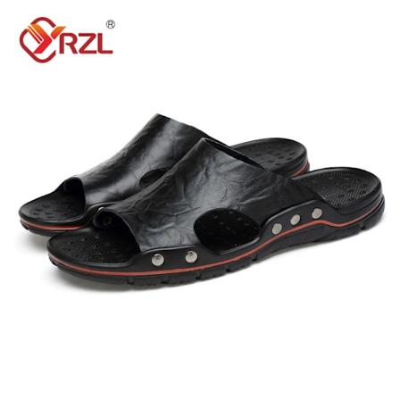 Yrzl Tofflor Men Pu Läder Classic Sommar Män Sandaler Mjuk Brun Utomhus Bekväma Tofflor Lätta Eva Slides För Män Black 44